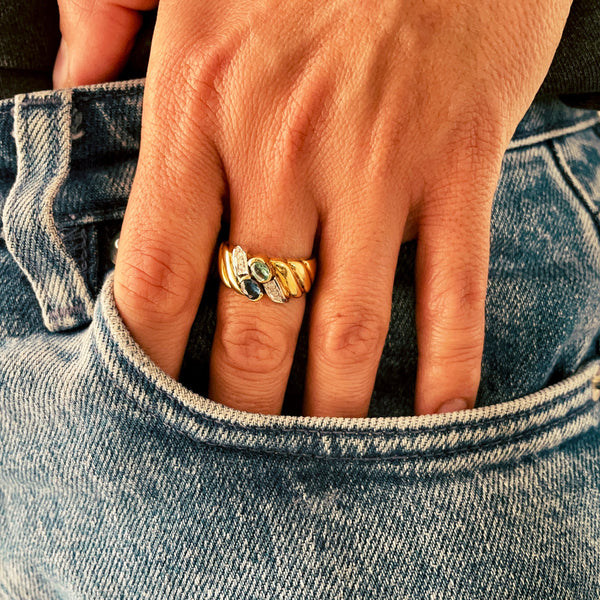 Emerald, sapphire and diamond ring