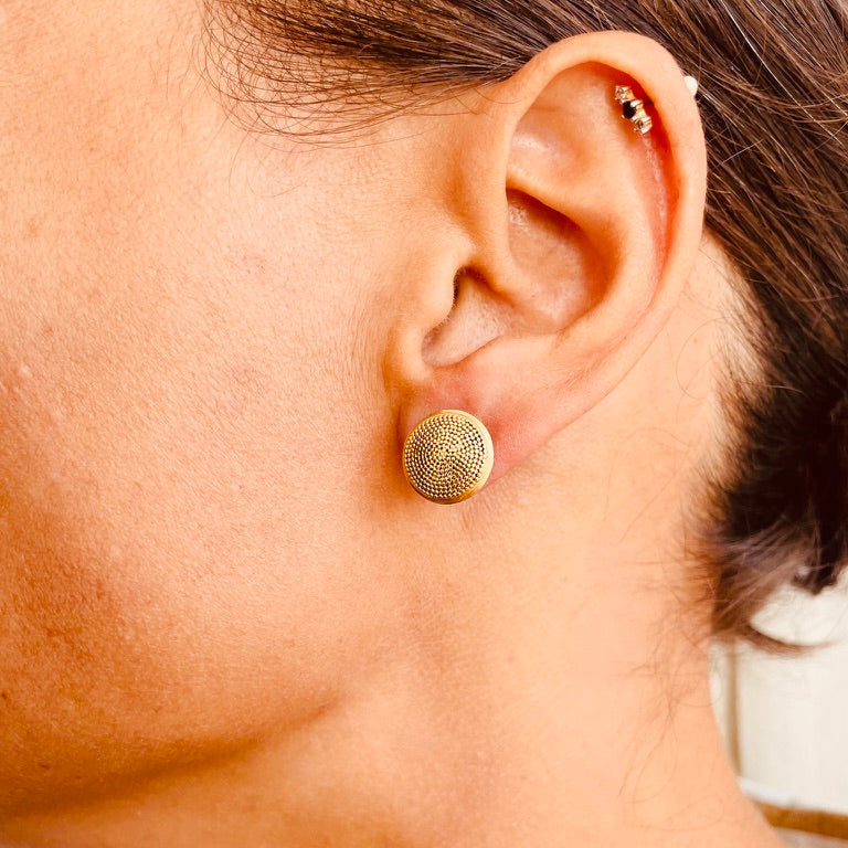 Close-up of a person wearing gold earrings with a blurred background
