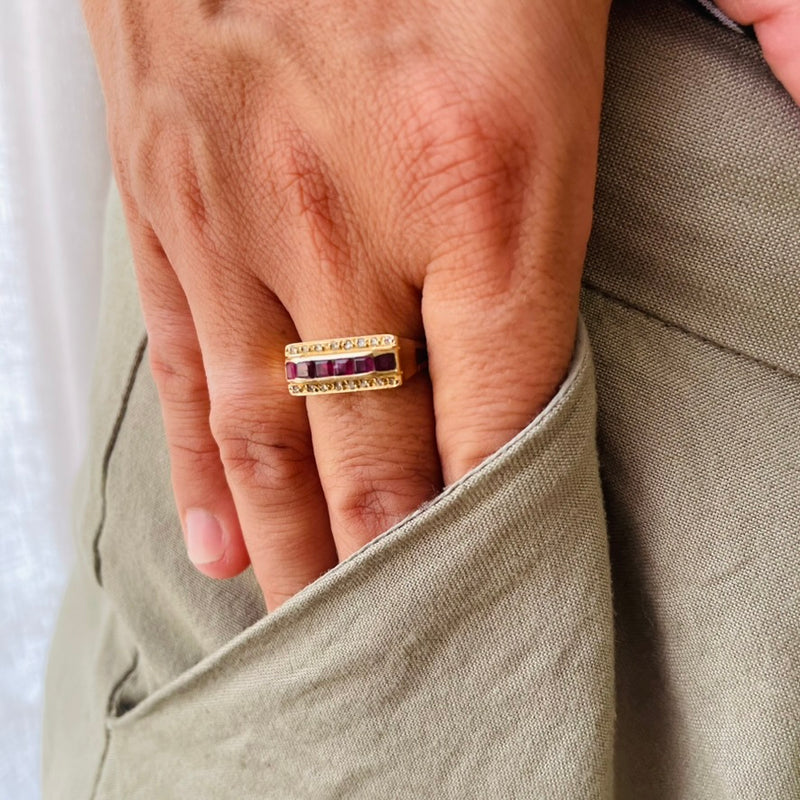 Gold ring with diamond and rubies shot on model | Deheb Jewellery Malta