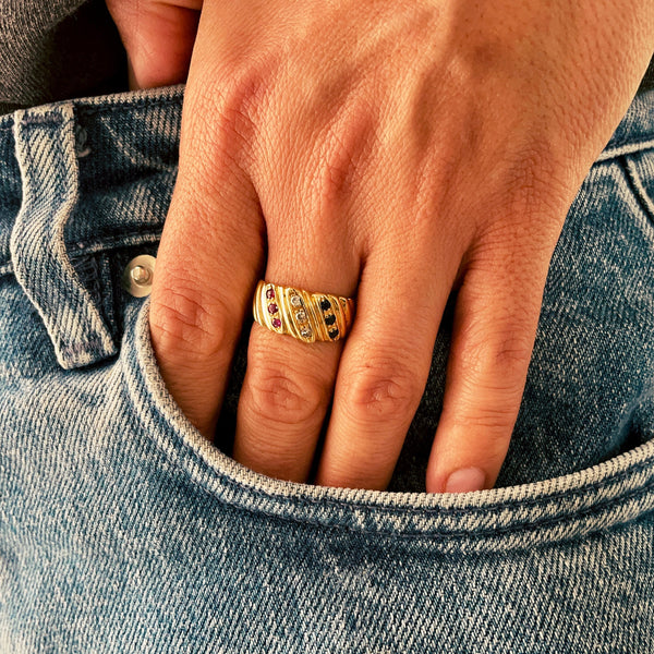 Ruby diamond and sapphire ring on model 