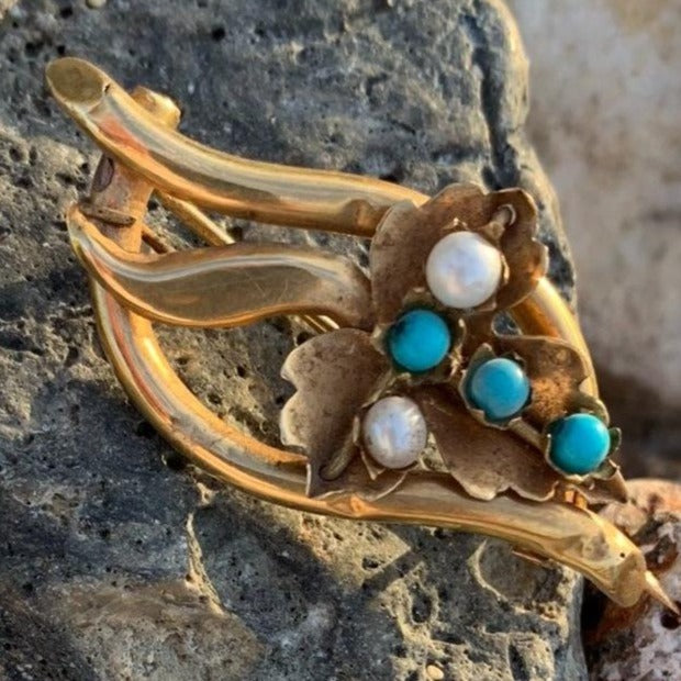 Victorian Turquoise and Pearl Antique Brooch