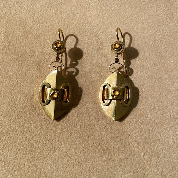 Gold Emblem Drop Earrings