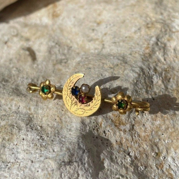 Gold Flora and Moon Brooch